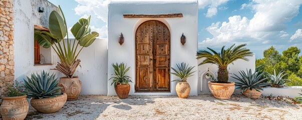 An island villa with large antique wooden door, whitewashed walls, gravel, agave plants and palm trees