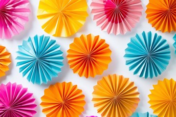 Colorful Mexican fiesta party decoration paper fans on a white background with copy space Generative AI