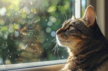 Cat Sitting on Window Sill Beside Potted Plant