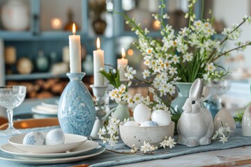 Fototapeta na wymiar Easter Table Decorated, Colorful Eggs and Easter Bunny Celebration Design