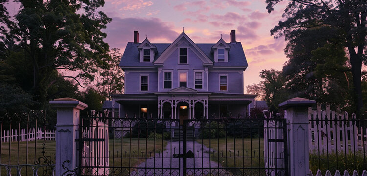 A serene dusk scene captures a 2-story 19th-century house in Tremont, 
