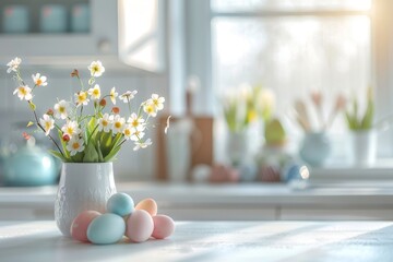 Easter Eggs with Spring Flowers Still Life on Kitchen Window Background with Copy Space - obrazy, fototapety, plakaty