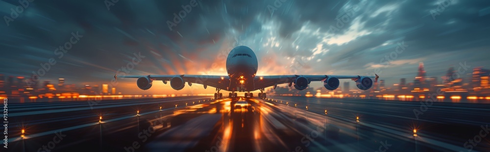 Wall mural Large Passenger Jet Flying Over Runway at Night