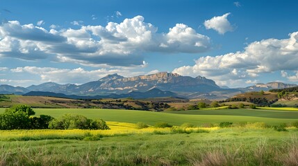 Fototapeta premium Breathtaking natural landscape with rolling hills and majestic mountains. perfect for wall art and backgrounds. serene outdoor scene. AI