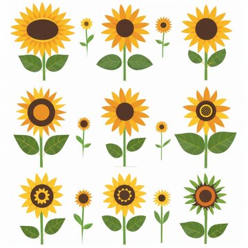 Sunflowers Flower Icon Set, Garden Sun Flowers Flat Design, Abstract Sunflowers Symbol, Simple Flowers