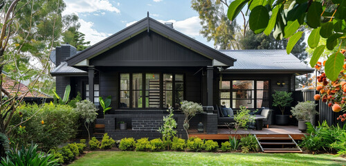 A charming one-story traditional bungalow with a black exterior and dark grey details, situated among lush peach trees - obrazy, fototapety, plakaty
