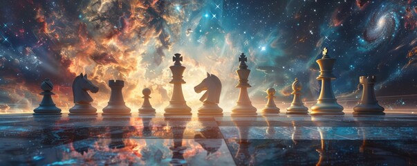 galaxy in a chess inspired artwork that catches the viewer eye with bold contrasts where the galaxy serves as the backdrop for the game Experiment with artistic style - obrazy, fototapety, plakaty