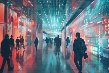 Interactive digital display in a bustling shopping mall corridor. Future commerce concept. Generative AI