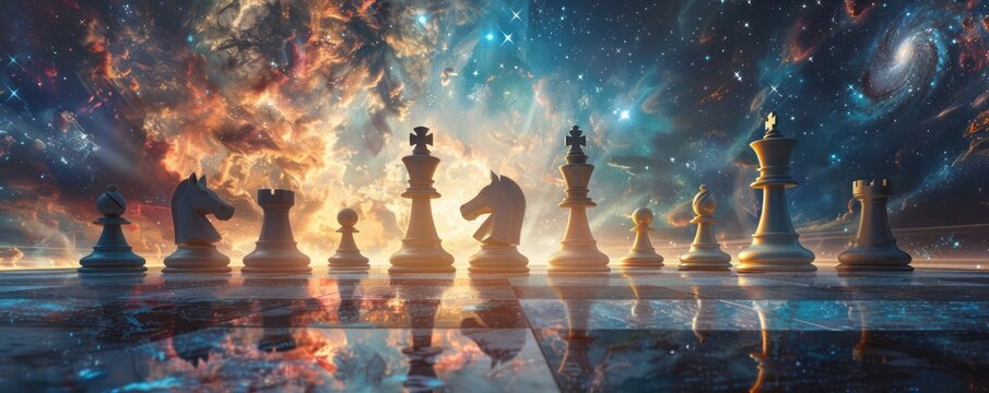galaxy in a chess inspired artwork that catches the viewer eye with bold contrasts where the galaxy serves as the backdrop for the game Experiment with artistic style