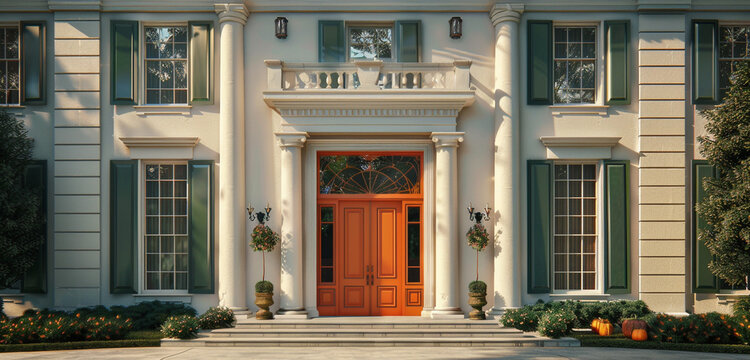 A stately classical mansion with a symmetrical facade, its walls a crisp alabaster, highlighted by ocean green shutters and a pumpkin orange entrance