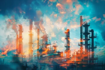 Industrial factory chimneys emitting smoke with a colorful sky, representing pollution, industry, and environmental impact. Concept of industry, pollution, and environment.
