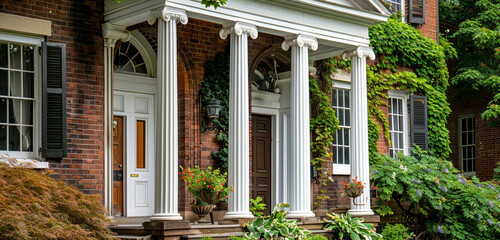 A close-up of the brickwork and classic columns of a Colonial Revival house in Cleveland, surrounded by watermelon vines instead of pineapple plants