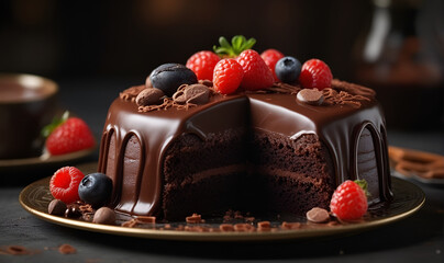 Chocolate cake with berries, beautifully decorated