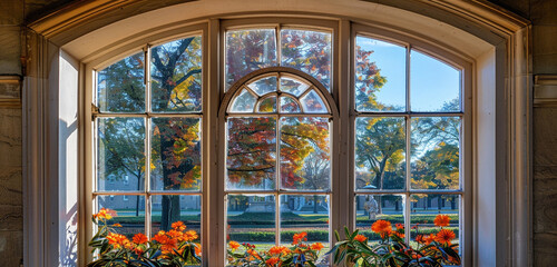 A detailed view of a Colonial Revival style window in Cleveland, with a reflection of a garden with orange trees replacing mango trees