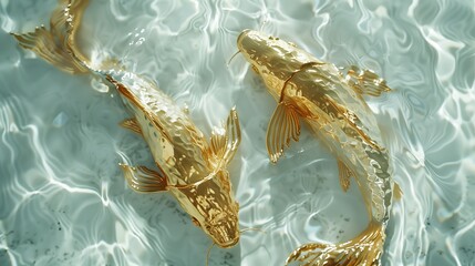 Two golden fish on the sparkling white water. Beautiful curves, sunlight, light and shadow, natural light. Generated by artificial intelligence. - obrazy, fototapety, plakaty