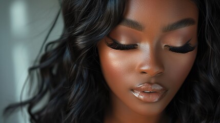 full mink lashes, eyes closed black american woman with long wavy jet black hair, full cat eye mink lashes, full glam makeup