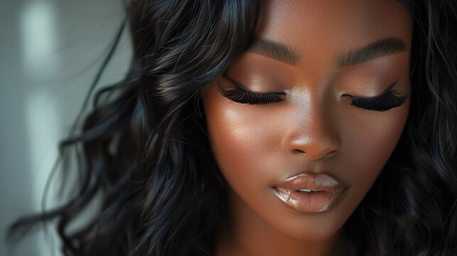 full mink lashes, eyes closed black american woman with long wavy jet black hair, full cat eye mink lashes, full glam makeup