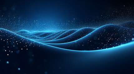Fototapeta na wymiar Abstract blue futuristic background. Light shiny waves and particles, copy space.