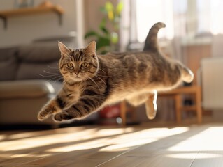 Cat in mid-leap, all four paws off the ground on hardwood floor in the living room with a sofa in...