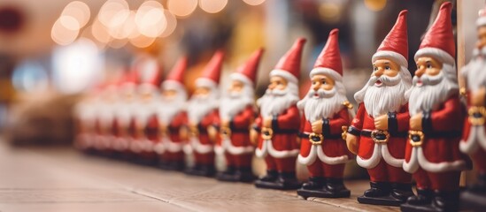Blurred image of Santa Claus figurines in store for festive season decor
