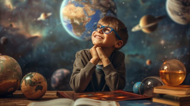Happy schoolboy dreaming at astronomy lesson, student learning about space exploration and discovery, back to school concept for education and development of imagination in classroom
