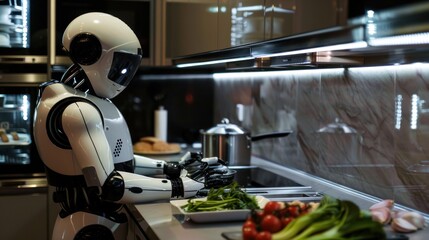 Modern robot preparing food in a kitchen with fresh vegetables and stainless steel pots on the counter. - obrazy, fototapety, plakaty