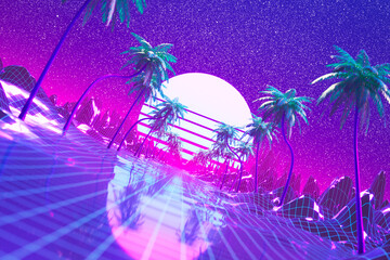 Neon Palm Trees in Retro-Futuristic Night Landscape with Surreal Glow