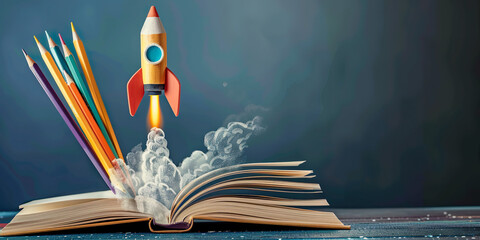 Toy rocket coming out of open book, colored pencil shapes