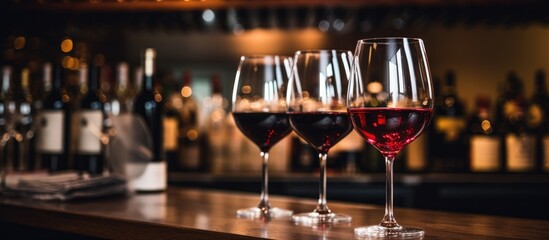 Red wine in glasses next to alcohol bottles on the bar - obrazy, fototapety, plakaty