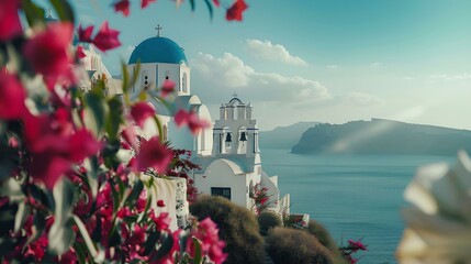 Scenic view of a greek island with iconic blue dome church, vibrant flowers in the foreground. ideal for travel and tourism. AI - obrazy, fototapety, plakaty