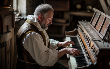AI-Generated Image: Mature Baroque Composer Musician at Clavichord
