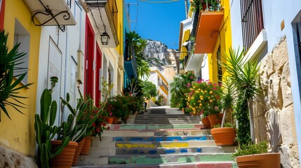 Fototapeta na wymiar View of Calpe old town on sunny day. Stairs adorned with colors of Spanish flag, Calpe, Alicante province, Valencian Community, Spain