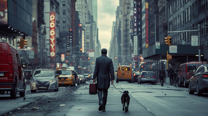Amidst a bustling cityscape, a businessman walks his dog on a slate gray road, enjoying the harmony of music through his trendy headphones.