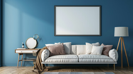 An uncomplicated bedroom design with a simple-style sofa, a practical dressing table, and an empty wall frame mockup against a deep ocean blue background wall.