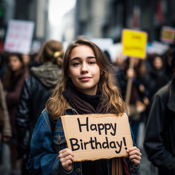 AI-Generated Image: Young Woman with "Happy Birthday" Sign at Protest