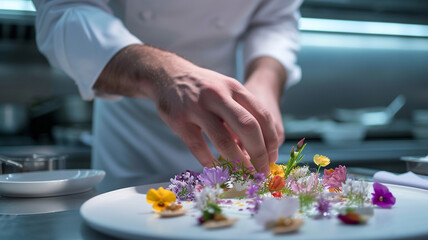 A moment of concentration as a chef delicately places edible flowers on a dessert, with a backdrop of a soft lavender-gray wall in the hotel kitchen.