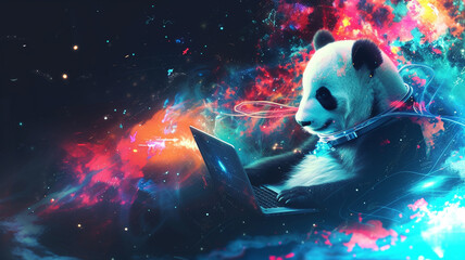 A panda astronaut navigating a digital galaxy on a laptop, with colorful nebulas and galaxies...