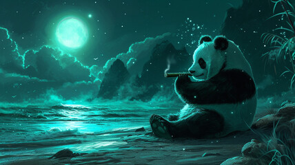 A panda enjoying a cigar on a moonlit beach, surrounded by sparkling waves, with the wall colored...