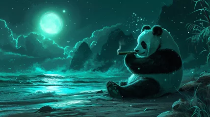Foto op Plexiglas A panda enjoying a cigar on a moonlit beach, surrounded by sparkling waves, with the wall colored in midnight silver. © Jahaan Skindar arts