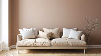A simple and inviting bedroom design with a comfy sofa against a warm taupe background wall.