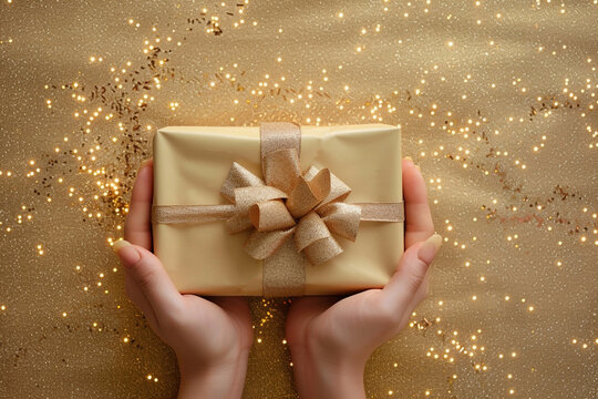 Woman hands holding a gift box in golden colors with glitter top view flat lay. Present giving concept with copy space.