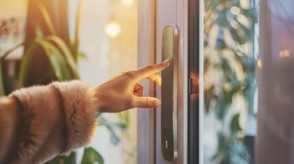 Close-up of a person's hand touching a smart home screen on a glass window with warm sunlight filtering through.
