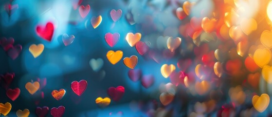 Abstract background with bokeh lights in heart shapes, vibrant blue and orange colors, suitable for...