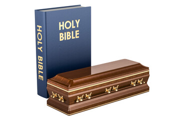 Funeral sermon, concept. Holy bible with casket, 3D rendering isolated on transparent background