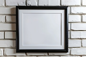 Empty frame. Blank black mounted portrait frame on white brick wall