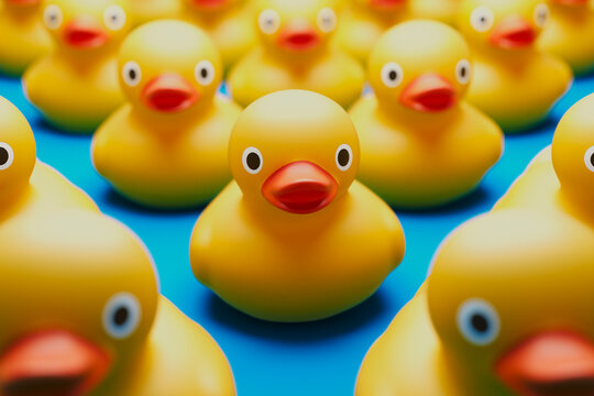 Vibrant Array of Rubber Ducks on Blue - Repetition and Color Contrast