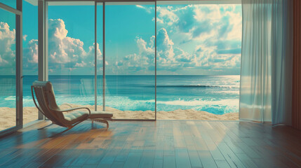 modern room interior near beach with sky and sea view
