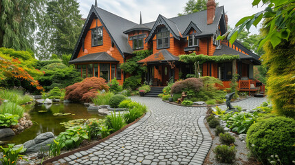 A cottage craftsman house in a rich, terracotta orange, with intricate woodwork and a cobblestone driveway. A lush, tiered garden with water features lines the walkway to the entrance. - Powered by Adobe