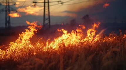A close-up of dry grass igniting under power lines in a park glade, with flames spreading quickly. - obrazy, fototapety, plakaty