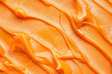 A vibrant close-up of glossy, textured orange cream with water droplets, evoking a fresh and...